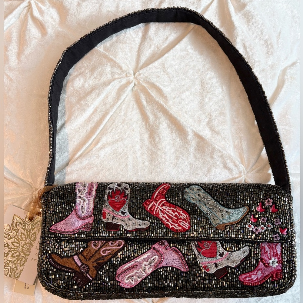Marshalls Black Beaded Shoulder Bag with Pink Red and Blue Boot Appliques